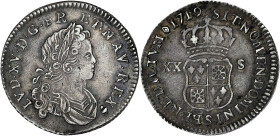 FRANCE / CAPÉTIENS
Louis XV (1715-1774). Sixième d’écu ou XX sols de France-Navarre 1719, S, Reims. Dy.1661 - G.295 ; Argent - 4,04 g - 24,5 mm - 6 h
...