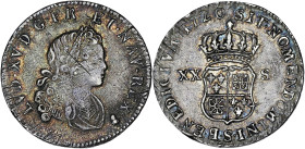 FRANCE / CAPÉTIENS
Louis XV (1715-1774). Sixième d’écu ou XX sols de France-Navarre 1720, S, Reims. Dy.1661 - G.295 ; Argent - 3,99 g - 24,5 mm - 6 h
...