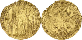 FRANCE / CAPÉTIENS
Jean II le Bon (1350-1364). Royal d’or, 2e émission ND (1359). Dy.293A - Fr.278 ; Or - 3,67 g - 25,5 mm - 7 h
Flan échancré à 11 h ...