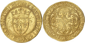 FRANCE / CAPÉTIENS
Charles VI (1380-1422). Écu d’or à la couronne, 1ère émission ND (1385), Lyon. Dy.369 - Fr.291 ; Or - 4,01 g - 29 mm - 4 h
De flan ...
