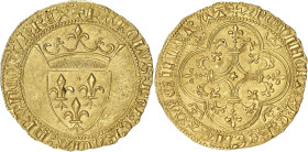 FRANCE / CAPÉTIENS
Charles VI (1380-1422). Écu d’or à la couronne, 2e émission ND (1388-1389). Dy.369A - Fr.291 ; Or - 3,95 g - 27,5 mm - 5 h
De style...