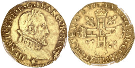 FRANCE / CAPÉTIENS
François II (1559-1560). Henri d’or 4e type 1559, L, Bayonne. Dy.1028 - Sb.4990 - Fr.377c ; Or - 3,72 g - 24 mm - 10 h
PCGS genuine...