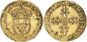 FRANCE / CAPÉTIENS
Charles IX (1560-1574). Écu d’or au soleil 1567, A, Paris. Dy.1057 - G.442 - Fr.378 ; Or - 3,36 g - 25 mm - 9 h
TB à TTB.