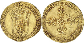 FRANCE / CAPÉTIENS
Charles IX (1560-1574). Écu d’or au soleil 1567, H, La Rochelle. Dy.1057 - G.442 - Fr.378 ; Or - 3,34 g - 24 mm - 7 h
TTB.
