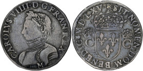 FRANCE / CAPÉTIENS
Charles IX (1560-1574). Teston, 1e type 1565, M, Toulouse. Dy.1063 - G.429 ; Argent - 9,19 g - 27 mm - 12 h
Beau TB.