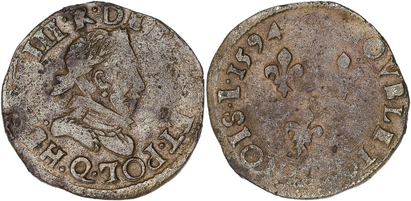 FRANCE / CAPÉTIENS
Henri III (1574-1589). Double tournois 1594, Q, Narbonne. CGK...