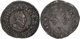FRANCE / CAPÉTIENS
Henri III (1574-1589). Denier tournois 1586, C, Saint-Lô. CGKL.122 a1 - G.450 ; Cuivre - 1,56 g - 18 mm - 12 h
Quasi frappe médaill...