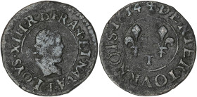 FRANCE / CAPÉTIENS
Louis XIII (1610-1643). Denier tournois 1614, T, Nantes. CGKL.382 a2 ; Cuivre - 1,27 g - 17 mm - 6 h
Provient de la collection Andr...