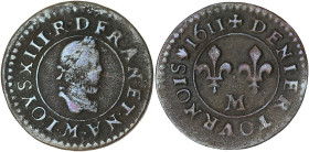 FRANCE / CAPÉTIENS
Louis XIII (1610-1643). Denier tournois 1611, M, Toulouse. CGKL.438 ; Cuivre - 1,17 g - 17 mm - 6 h
Bien complet et très rare. TTB....
