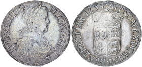 FRANCE / CAPÉTIENS
Louis XIV (1643-1715). Écu de Béarn à la mèche longue 1653, Pau. Dy.1477 - G.204 - Dav.3801 ; Argent - 26,91 g - 39 mm - 6 h
TB à T...