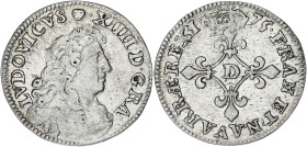 FRANCE / CAPÉTIENS
Louis XIV (1643-1715). Quadruple sol à la croix fleurdelisée 1675, D, Vimy. Dy.1504 ; Argent - 1,48 g - 20 mm - 6 h
TTB.