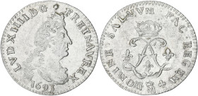FRANCE / CAPÉTIENS
Louis XIV (1643-1715). Quadruple sol aux deux L 1693, M couronnée, Metz. Dy.1519 - G.106 ; Argent - 1,45 g - 20 mm - 6 h
Rare. TTB ...