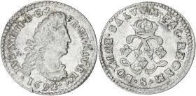 FRANCE / CAPÉTIENS
Louis XIV (1643-1715). Quadruple sol aux deux L 1692, S, Reims. Dy.1519 - G.106 ; Argent - 1,59 g - 20 mm - 6 h
TTB à Superbe.