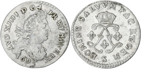 FRANCE / CAPÉTIENS
Louis XIV (1643-1715). Quadruple sol aux deux L 1693, S, Reims. Dy.1519 - G.106 ; Argent - 1,57 g - 20 mm - 6 h
Rare. TTB.