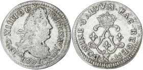 FRANCE / CAPÉTIENS
Louis XIV (1643-1715). Quadruple sol aux deux L 1691, S couronnée, Troyes. Dy.1519 - G.106 ; Argent - 1,48 g - 20 mm - 6 h
TTB.
