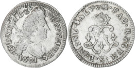 FRANCE / CAPÉTIENS
Louis XIV (1643-1715). Quadruple sol aux deux L 1691, S couronnée, Troyes. Dy.1519 - G.106 ; Argent - 1,40 g - 20 mm - 6 h
TTB.