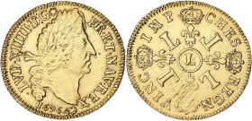 FRANCE / CAPÉTIENS
Louis XIV (1643-1715). Double louis d’or aux quatre L 1696, L, Bayonne. Dy.1439 - G.260 - Fr.432 ; Or - 13,43 g - 29 mm - 6 h
Rare ...