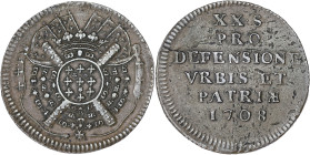 FRANCE / CAPÉTIENS
Louis XIV (1643-1715). XX sols du siège de Lille 1708, Lille. Dy.- - Bd.2313 ; Cuivre - 7,45 g - 30 mm - 6 h
TTB.
Ces monnaies de s...