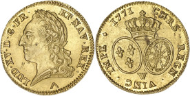 FRANCE / CAPÉTIENS
Louis XV (1715-1774). Double louis d’or à la vieille tête 1771, W, Lille. Dy.1646 - G.347 - Fr.466 ; Or - 16,3 g - 29,5 mm - 6 h
Av...