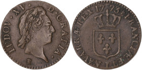 FRANCE / CAPÉTIENS
Louis XV (1715-1774). Demi-sol à la vieille tête 1773, I, Limoges. Dy.1700 - G.275 ; Cuivre - 6,05 g - 25 mm - 6 h
TTB.