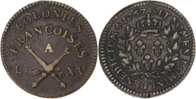 FRANCE / CAPÉTIENS
Louis XV (1715-1774). Sol des colonies françaises 1767, A, Paris. Lec.277 ; Cuivre - 9,20 g - 28 mm - 6 h
Belle qualité pour ce typ...