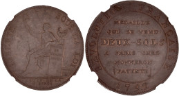 FRANCE / CAPÉTIENS
Constitution (1791-1792). Deux sols de Monneron à la Liberté 1792 - AN IV. Maz.157 ; Bronze - 32 mm - 6 h
NGC AU 58 BN (6630745-011...