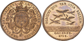 JETONS
Louis XV (1715-1774). Jeton des Galères, le Chevalier d’Orléans, général 1724, Paris. F.1502 ; Cuivre - 7,66 g - 29 mm - 6 h
Avec une étiquette...