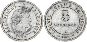 FRANCE
IIIe République (1870-1940). Essai de 5 centimes Merley, 2e type, flan rond 1902, A, Paris. GEM.13.10 - VG.4454 ; Maillechort - 4,04 g - 21 mm ...