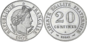 FRANCE
IIIe République (1870-1940). Essai de 20 centimes Merley, 2e type, flan rond 1902, A, Paris. GEM.50.20 - VG.4453 ; Nickel - 6,96 g - 24 mm - 6 ...