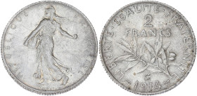FRANCE
IIIe République (1870-1940). 2 francs Semeuse 1914, C, Castelsarrasin. G.532 - F.266 ; Argent - 9,92 g - 27 mm - 12 h
Superbe.