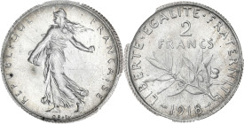 FRANCE
IIIe République (1870-1940). 2 francs Semeuse 1918, Paris. G.532 - F.266 ; Argent - 10 g - 27 mm - 6 h
PCGS MS66 (45235426). Fleur de coin.