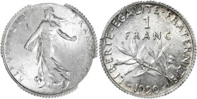 FRANCE
IIIe République (1870-1940). 1 franc Semeuse 1920, Paris. G.467 - F.217 ; Argent - 5 g - 23 mm - 6 h
PCGS MS65+ (42185944). Fleur de coin.