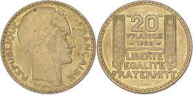 FRANCE
IIIe République (1870-1940). Essai de 20 francs Turin 1929, A, Paris. GEM.199.5 - Maz.2554a ; Cupro-aluminium - 17,79 g - 35 mm - 6 h
Avec pati...