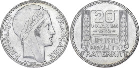 FRANCE
IIIe République (1870-1940). 20 francs Turin 1938, Paris. G.852 - F.400 ; Argent - 20 g - 35 mm - 6 h
Superbe à Fleur de coin.