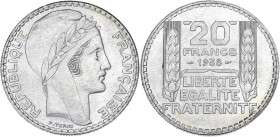 FRANCE
IIIe République (1870-1940). 20 francs Turin 1938, Paris. G.852 - F.400 ; Argent - 20 g - 35 mm - 6 h
Légère patine grise; Superbe à Fleur de c...