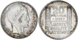 FRANCE
IIIe République (1870-1940). 20 francs Turin 1938, Paris. G.852 - F.400 ; Argent - 20 g - 35 mm - 6 h
PCGS MS64 (44001643). Superbe à Fleur de ...