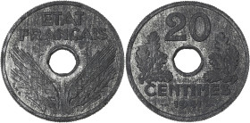 FRANCE
État Français (1940-1944). Essai de 20 centimes type 20 1941, Paris. GEM.52.5 ; Zinc - 3,62 g - 24 mm - 6 h
Le mot ESSAI est très faible mais b...