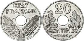 FRANCE
État Français (1940-1944). 20 centimes en fer 1944, Paris. G.322 - F.154 ; Fer - 2,96 g - 24 mm - 6 h
D’infimes taches. Dans un état remarquabl...