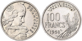 FRANCE
Ve République (1958 à nos jours). 100 francs Cochet, avec différent chouette 1958, Paris. G.897 - F.450 ; Cupro-nickel - 5,88 g - 24 mm - 6 h
D...
