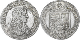 FRANCE / FÉODALES
Lorraine (duché de), Charles IV (1625-1675). Demi-teston 1665, Nancy. Flon 49 ; Argent - 4,25 g - 24 mm - 6 h
Patine grise. TTB.