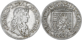 FRANCE / FÉODALES
Lorraine (duché de), Charles IV (1625-1675). Demi-teston 1665, Nancy. Flon 49 ; Argent - 4,25 g - 24 mm - 6 h
TTB.