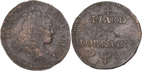 FRANCE / FÉODALES
Lorraine (duché de), Léopold Ier (1690-1729). Liard 1706, Nancy. Flon 46 ; Cuivre - 2,81 g - 22 mm - 6 h
TB à TTB.