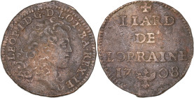 FRANCE / FÉODALES
Lorraine (duché de), Léopold Ier (1690-1729). Liard 1708, Nancy. Flon 48 ; Cuivre - 2,25 g - 22 mm - 6 h
Rare, la seule dénomination...