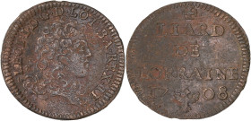 FRANCE / FÉODALES
Lorraine (duché de), Léopold Ier (1690-1729). Liard 1708, Nancy. Flon 48 ; Cuivre - 2,54 g - 22 mm - 6 h
Rare, la seule dénomination...