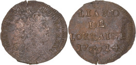 FRANCE / FÉODALES
Lorraine (duché de), Léopold Ier (1690-1729). Liard 1714, Nancy. Flon 91 ; Cuivre - 2,11 g - 22 mm - 6 h
TTB.