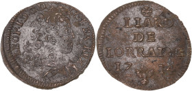 FRANCE / FÉODALES
Lorraine (duché de), Léopold Ier (1690-1729). Liard 1714, Nancy. Flon 91 ; Cuivre - 2,55 g - 22 mm - 6 h
TTB.