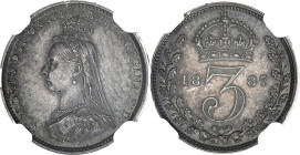GRANDE-BRETAGNE
Victoria (1837-1901). 3 pence, jubilé de la Reine, Flan bruni (PROOF) 1887, Londres. KM.758 - S.3931 ; Argent - 16 mm - 12 h
NGC PF 63...