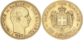 GRÈCE
Georges Ier (1863-1913). 20 drachmes Or 1884, A, Paris. Fr.18 ; Or - 6,45 g - 21 mm - 6 h
Beau TTB.