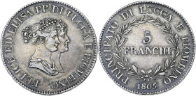 ITALIE
Lucques, Elisa Bonaparte et Felix Baciocchi (1805-1814). 5 franchi 1805, Florence. G.IT 46 - DMP.943 ; Argent - 24,88 g - 37 mm - 6 h
TTB.