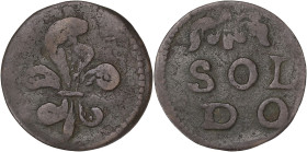 ITALIE
Modène (duché de), François III d’Este (1737-1780). Soldo ND, Modène. MIR.852 ; Cuivre - 1,45 g - 20 mm - 7 h
Patine marron. TTB.